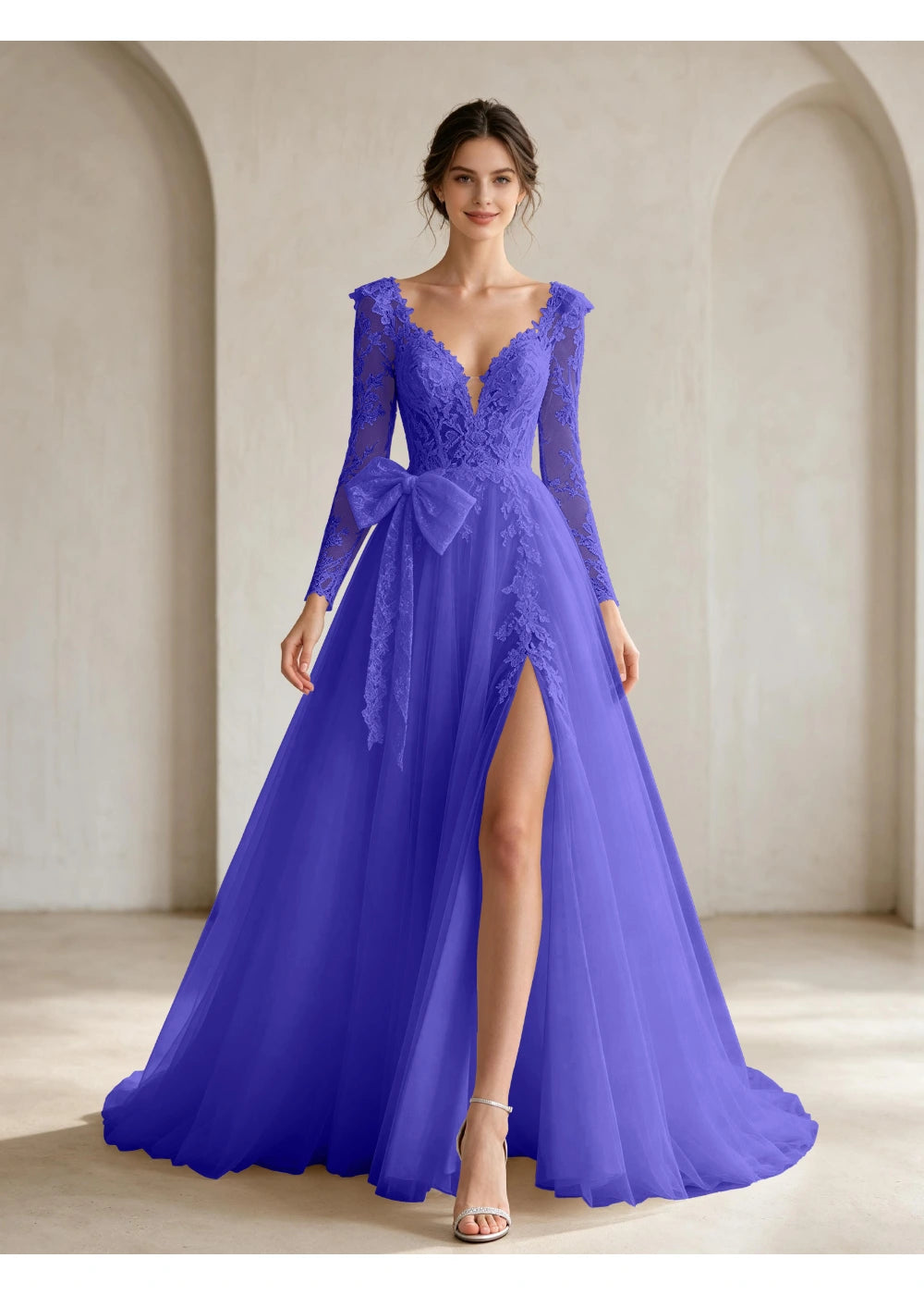 Front view of the royal blue lace front bow slit gown with the same bridal silhouette