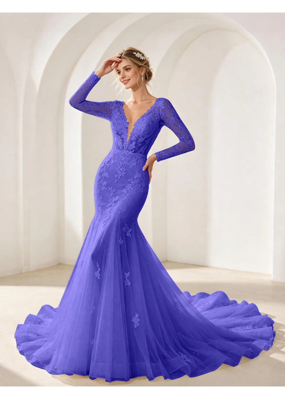Front view of the royal blue mermaid lace train gown with the same bridal silhouette