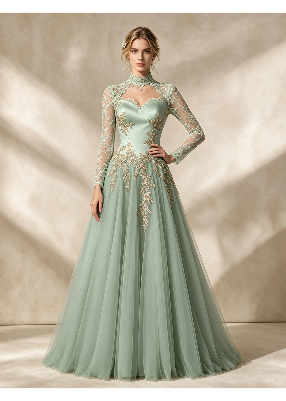 Front view of the sage green gold applique gown with the same bridal silhouette