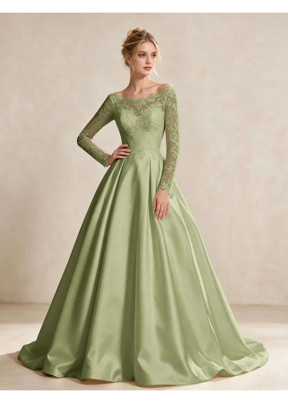 Front view of the sage green illusion lace satin gown with the same bridal silhouette