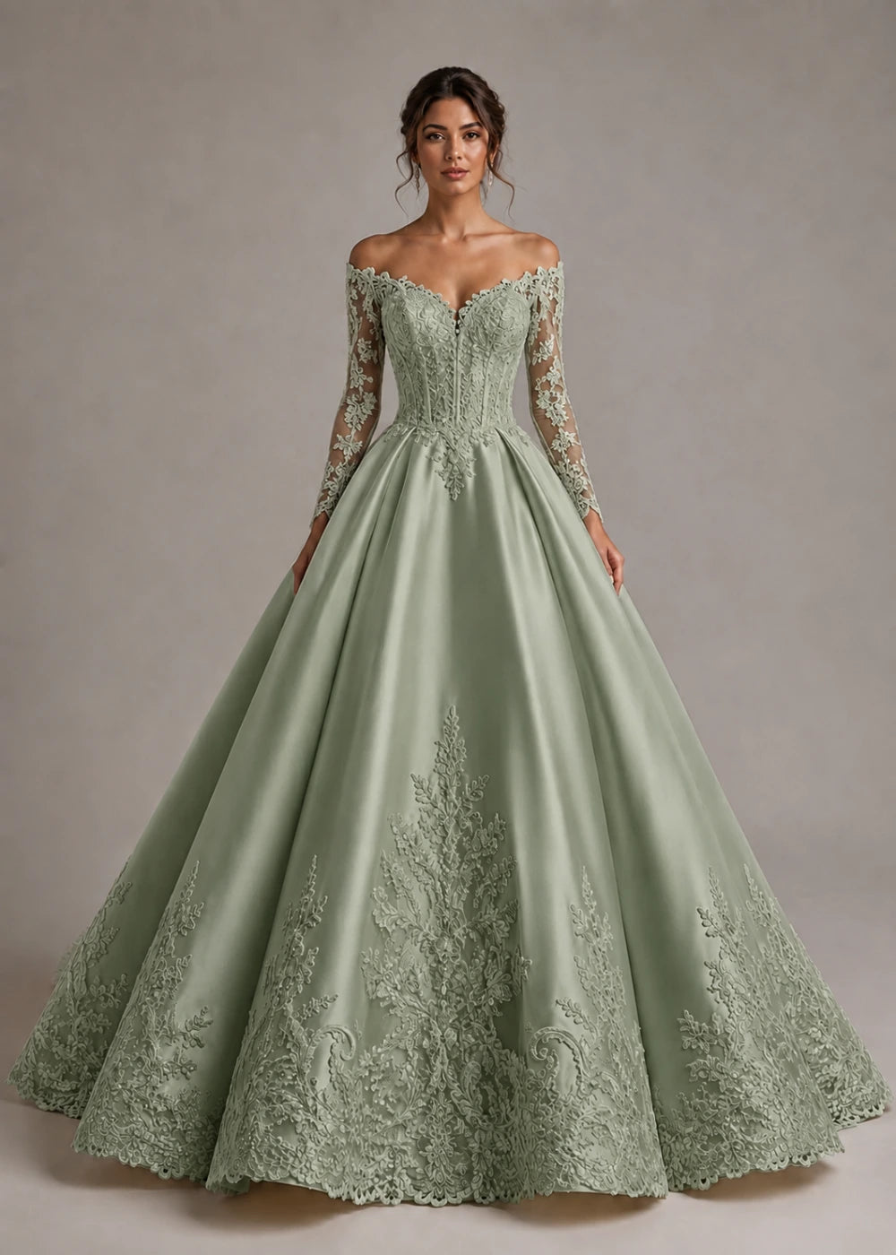 Front view of the sage green off-the-shoulder ball gown with long floral-lace sleeves and a full skirt