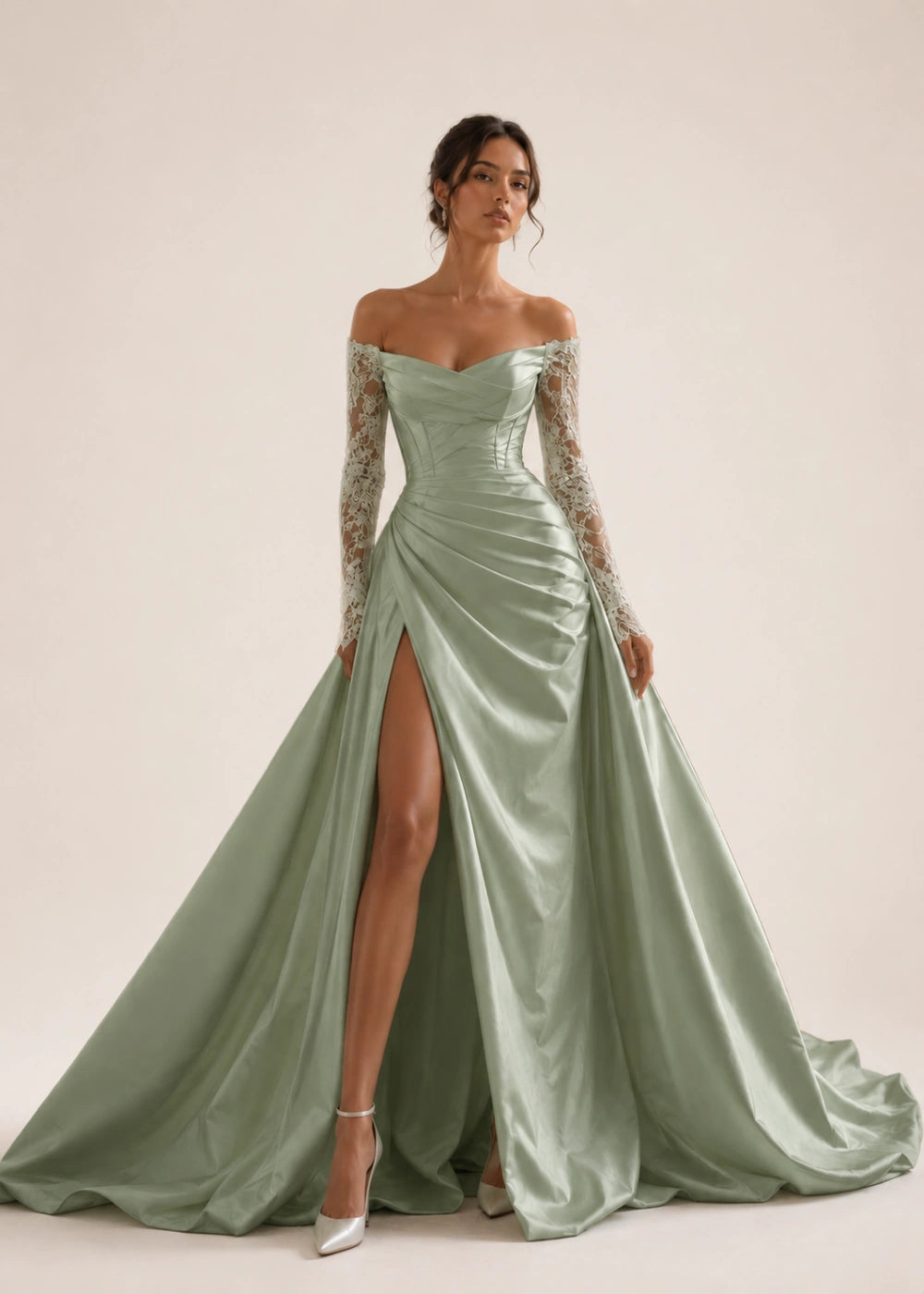 Front view of the sage green off-the-shoulder A-line gown with long lace sleeves and a thigh-high slit