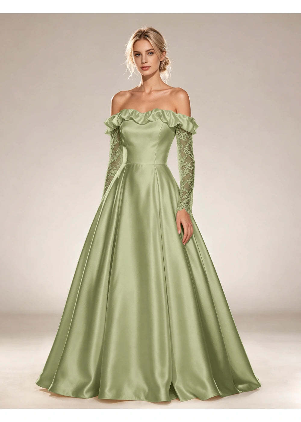 Front view of the sage green ruffled off shoulder gown with the same bridal silhouette