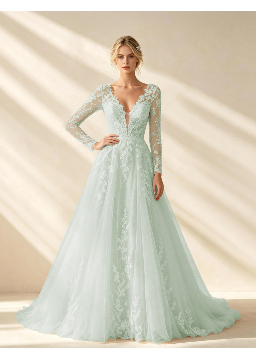Front view of the sage green v neck lace a line gown with the same bridal silhouette