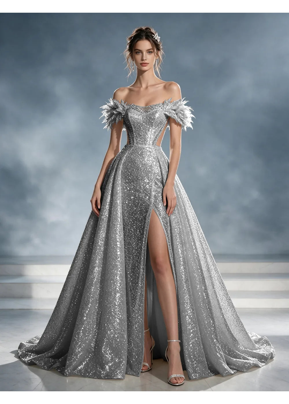 Front view of a silver sequin A-line gown with feather-like shoulder trim, a front slit and a train