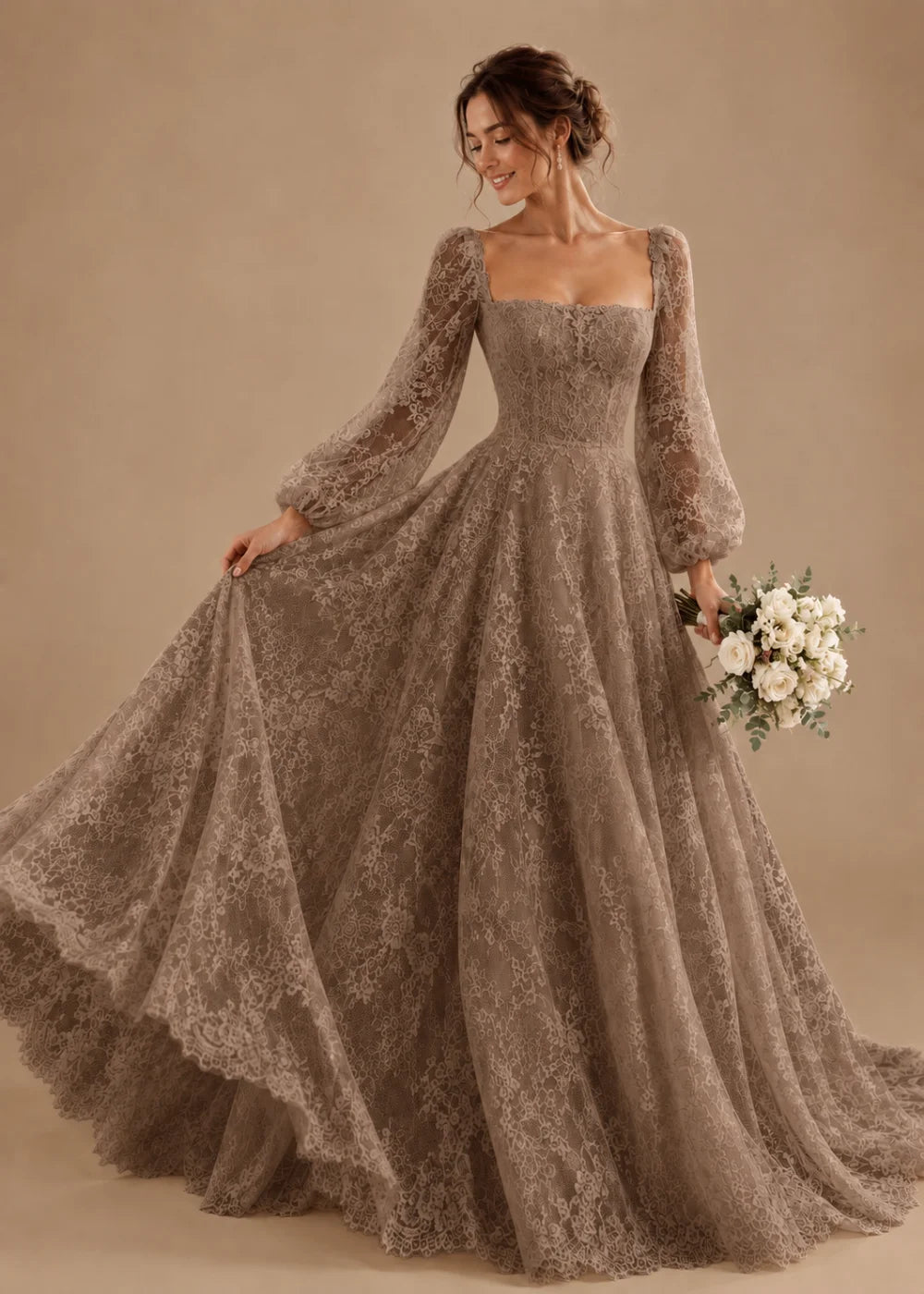 Front view of the taupe square-neck A-line gown with all-over floral lace and long bishop sleeves