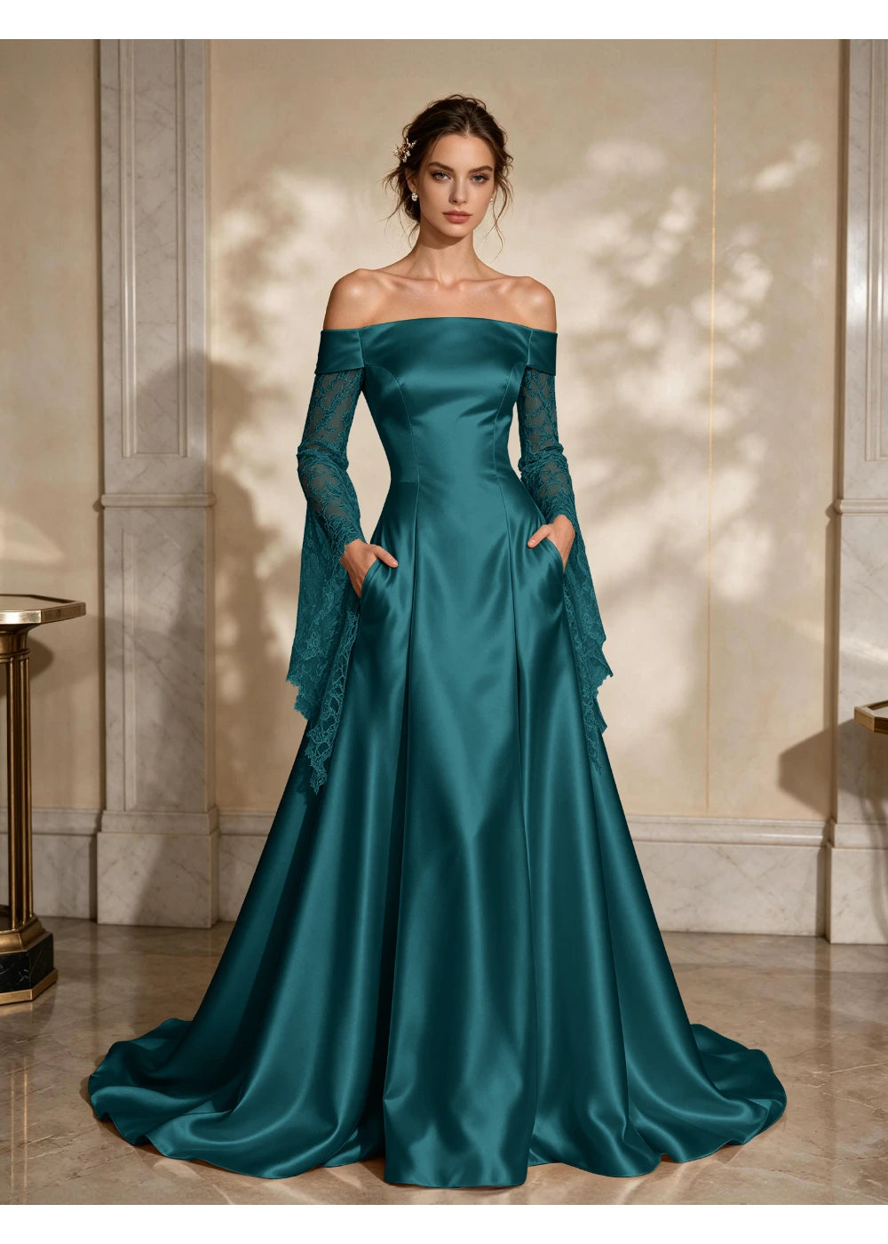 Front view of a teal satin A-line gown with a folded off-shoulder neckline and draped lace sleeve extensions