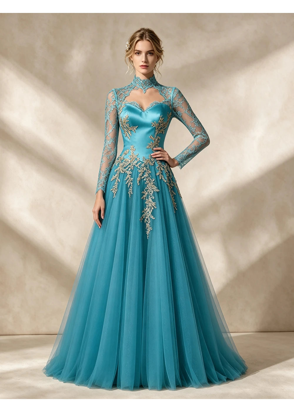 Front view of the teal gold applique gown with the same bridal silhouette