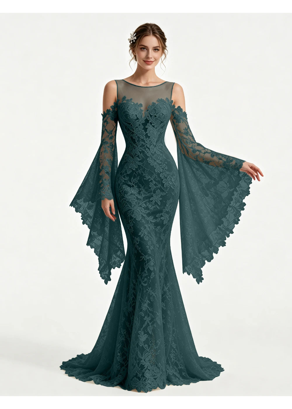 Front view of the teal lace cape sleeves gown with the same bridal silhouette