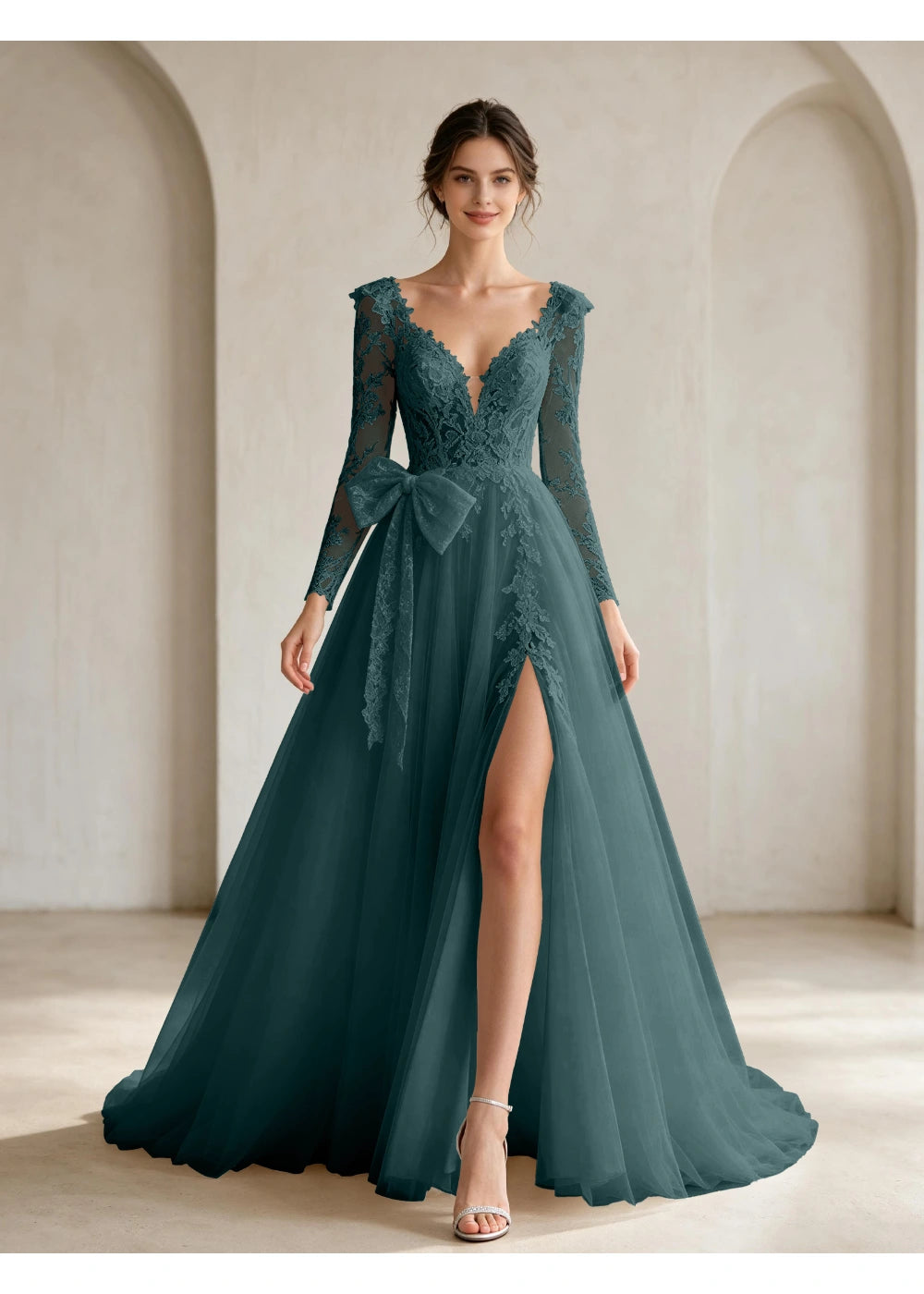 Front view of the teal lace front bow slit gown with the same bridal silhouette