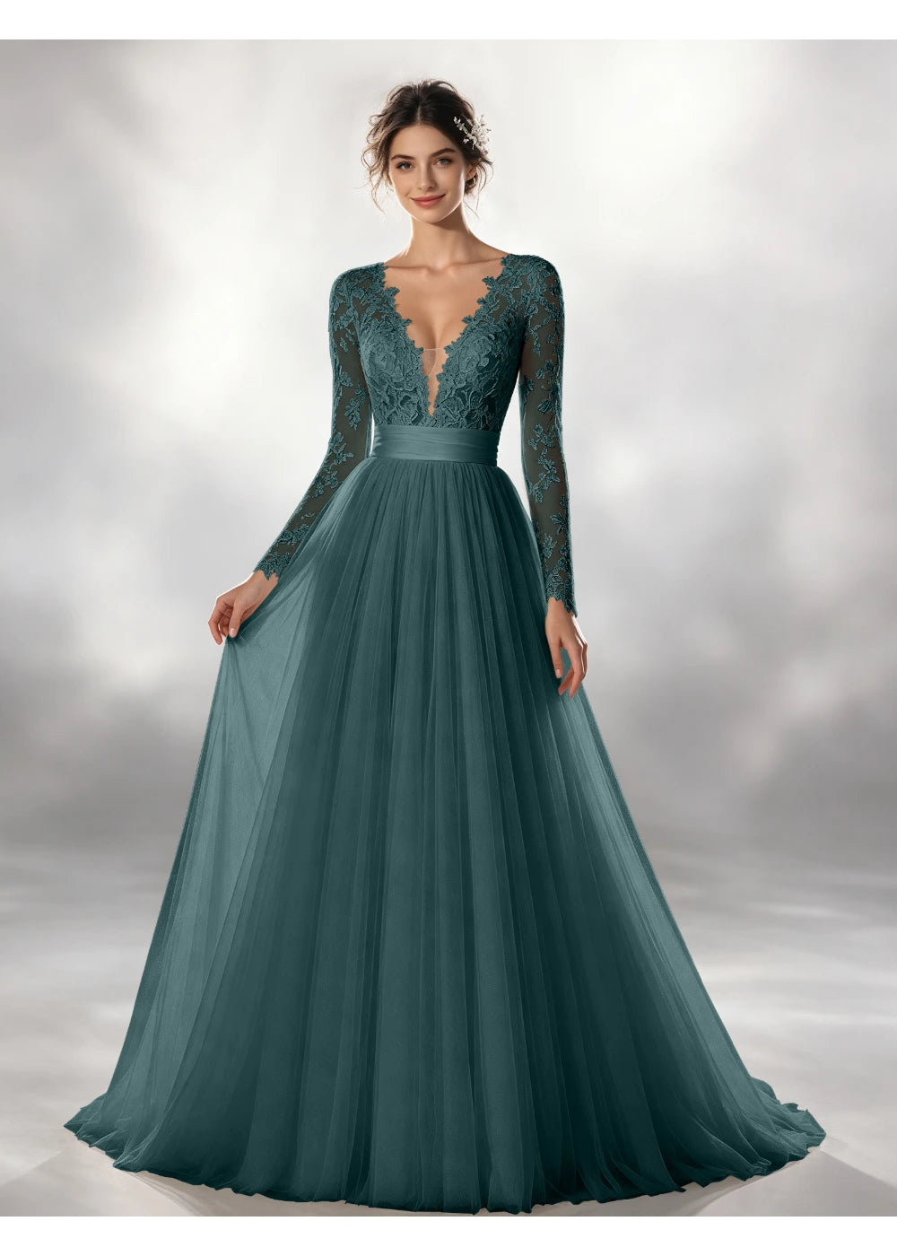 Front view of the teal lace waistband tulle gown with the same bridal silhouette