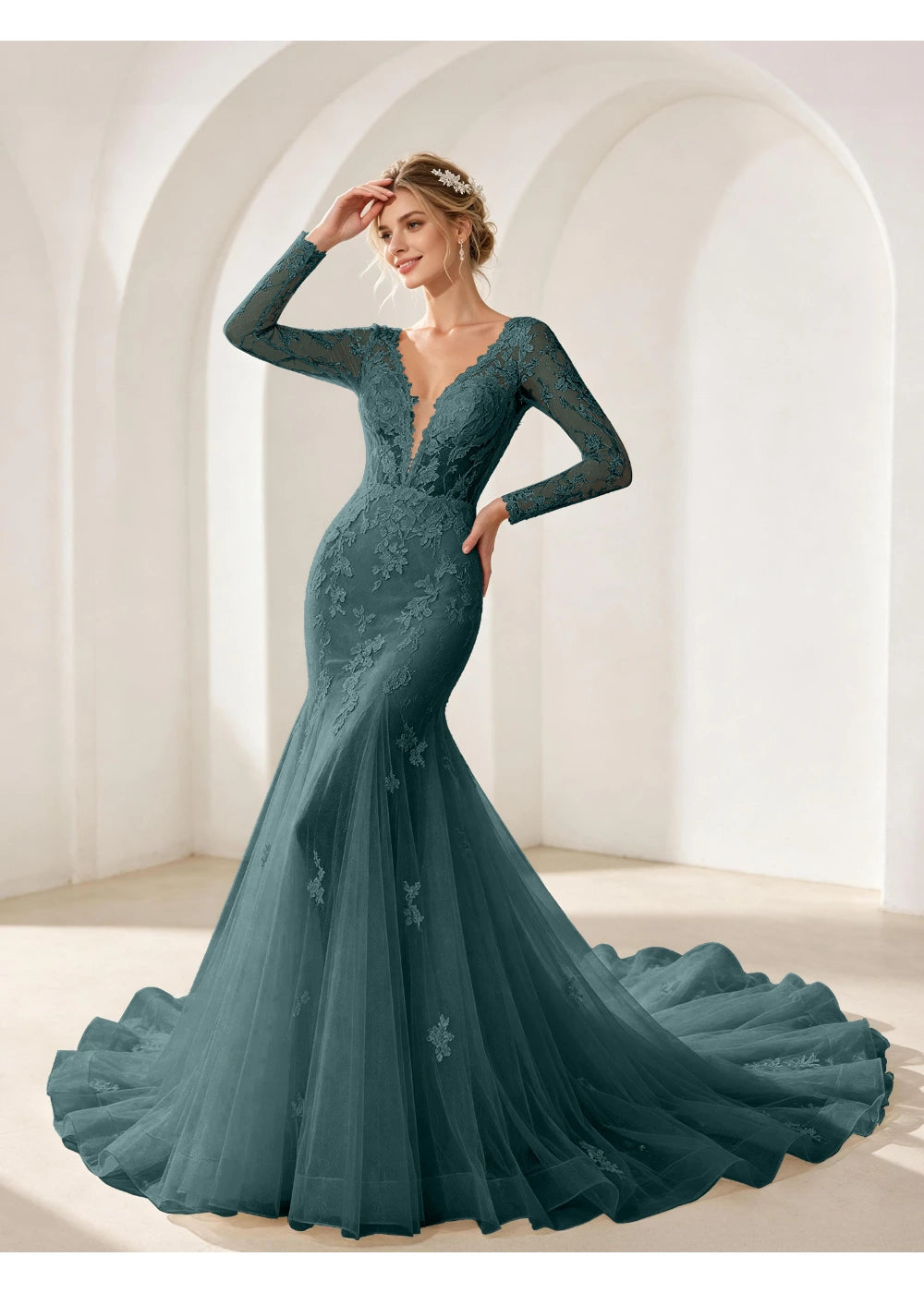 Front view of the teal mermaid lace train gown with the same bridal silhouette