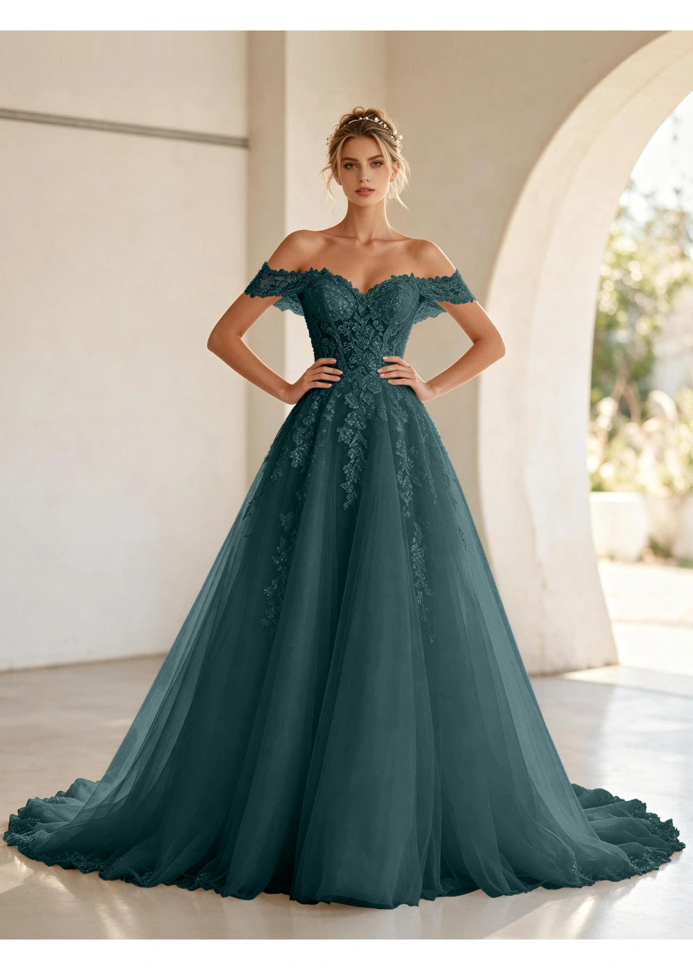 Front view of the teal off shoulder lace tulle gown with the same bridal silhouette