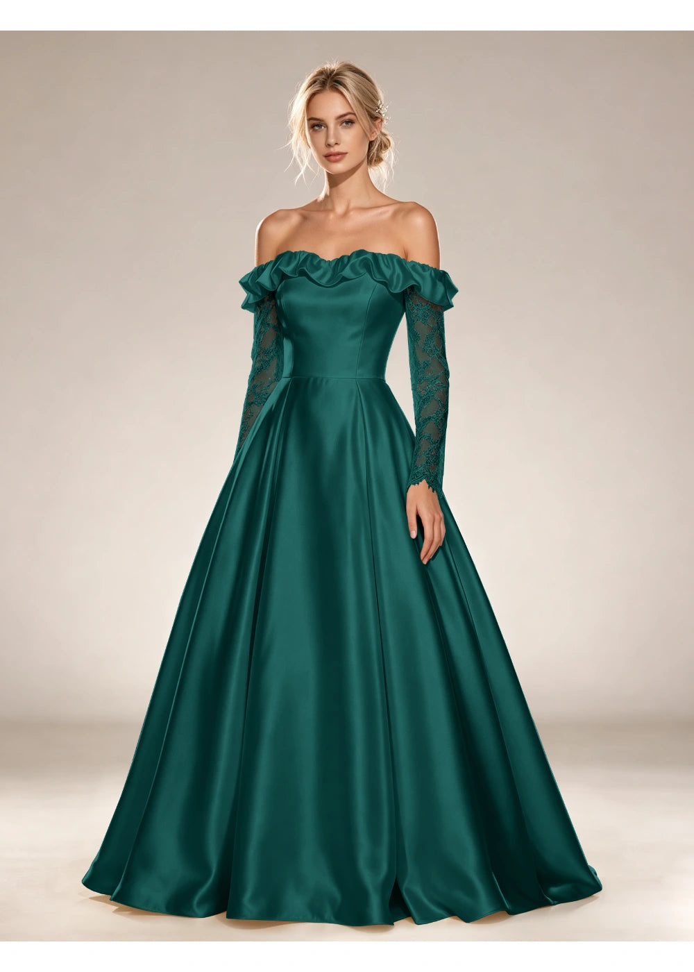 Front view of the teal ruffled off shoulder gown with the same bridal silhouette