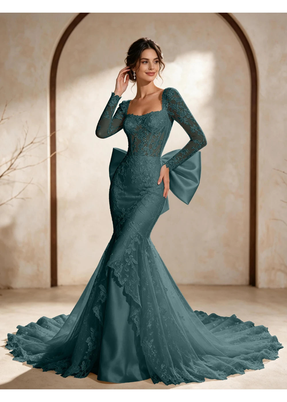 Front view of the teal square neck back bow gown with the same bridal silhouette