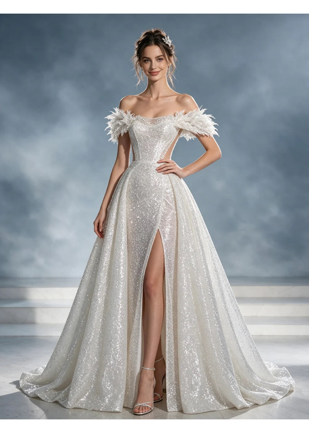 Front view of the white off-shoulder sequin gown with a broad skirt and slit