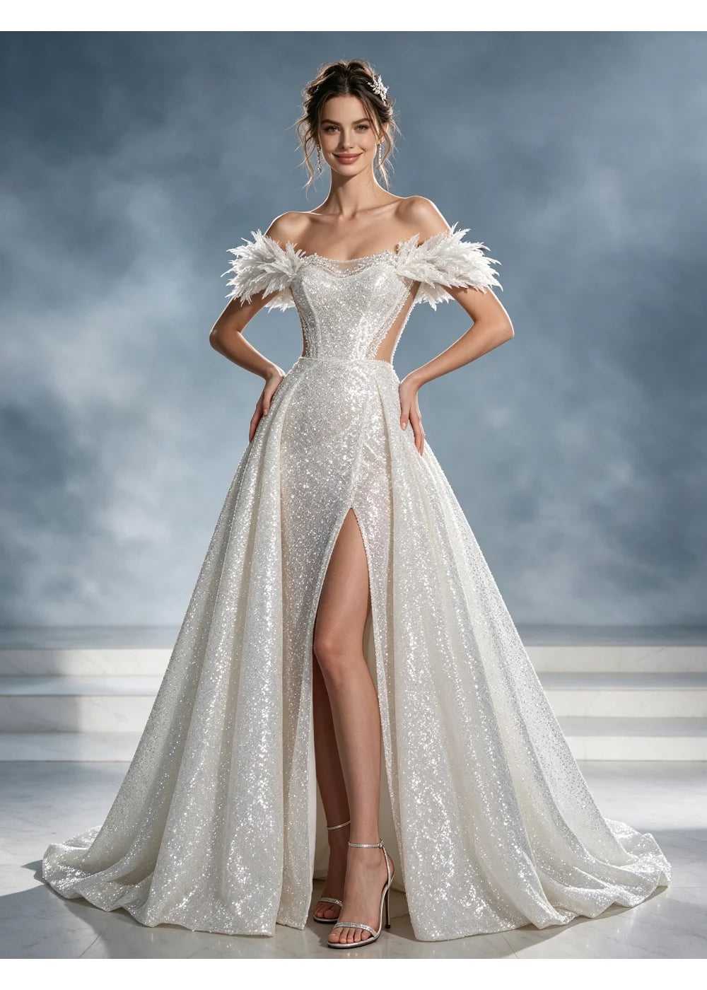 Full-length front view of the white sequin skirt and open slit