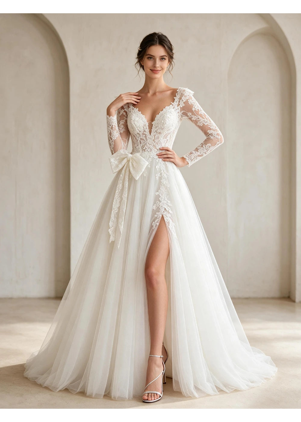 Three-quarter front view of the deep white V-neckline and long floral lace sleeves