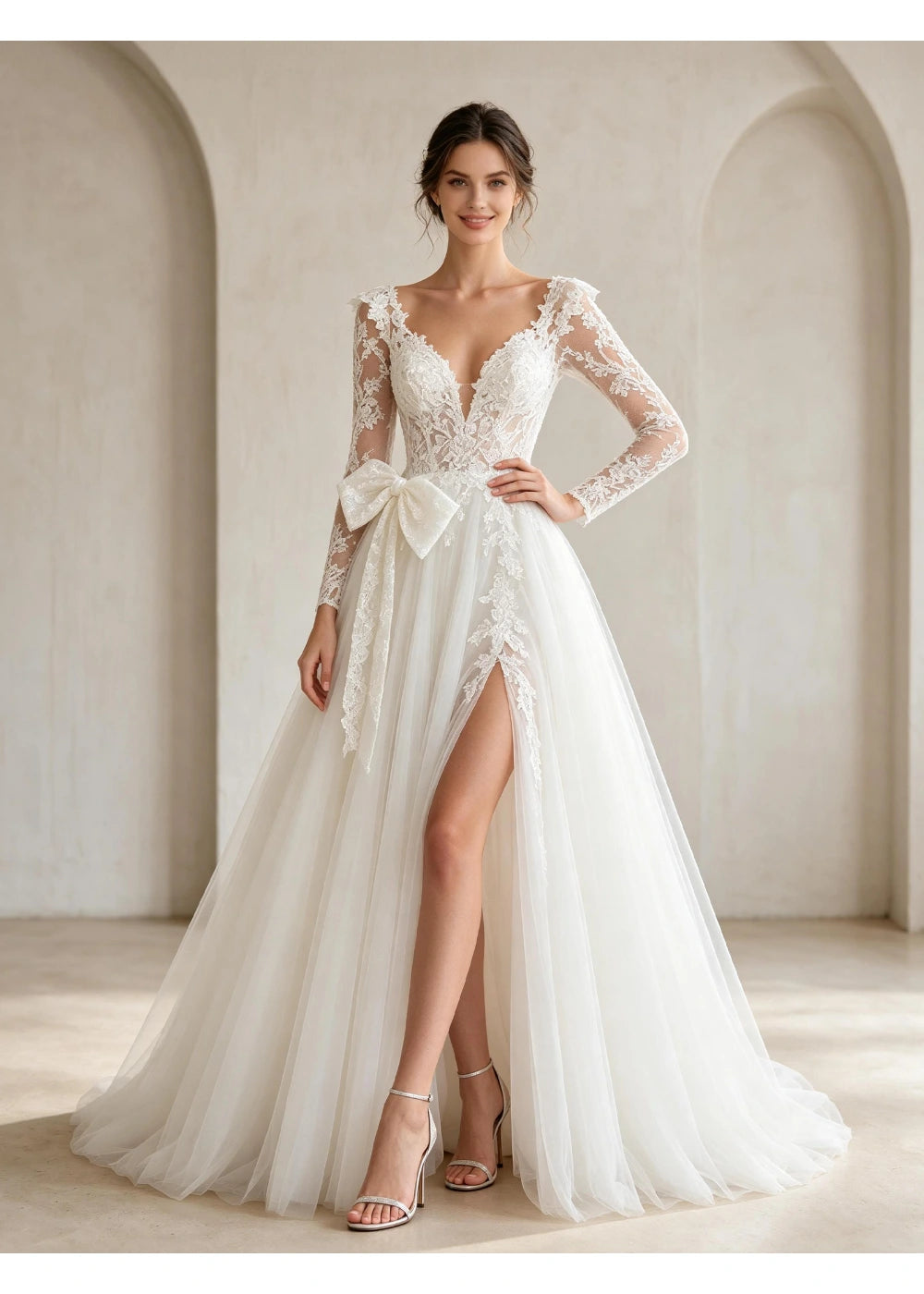 Front view of the white lace bridal gown with a plain-fabric bow above the slit