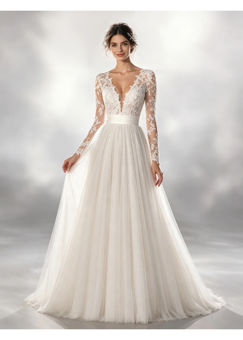 Front view of a white V-neck lace gown with long sleeves, a wide waistband and full tulle-style skirt