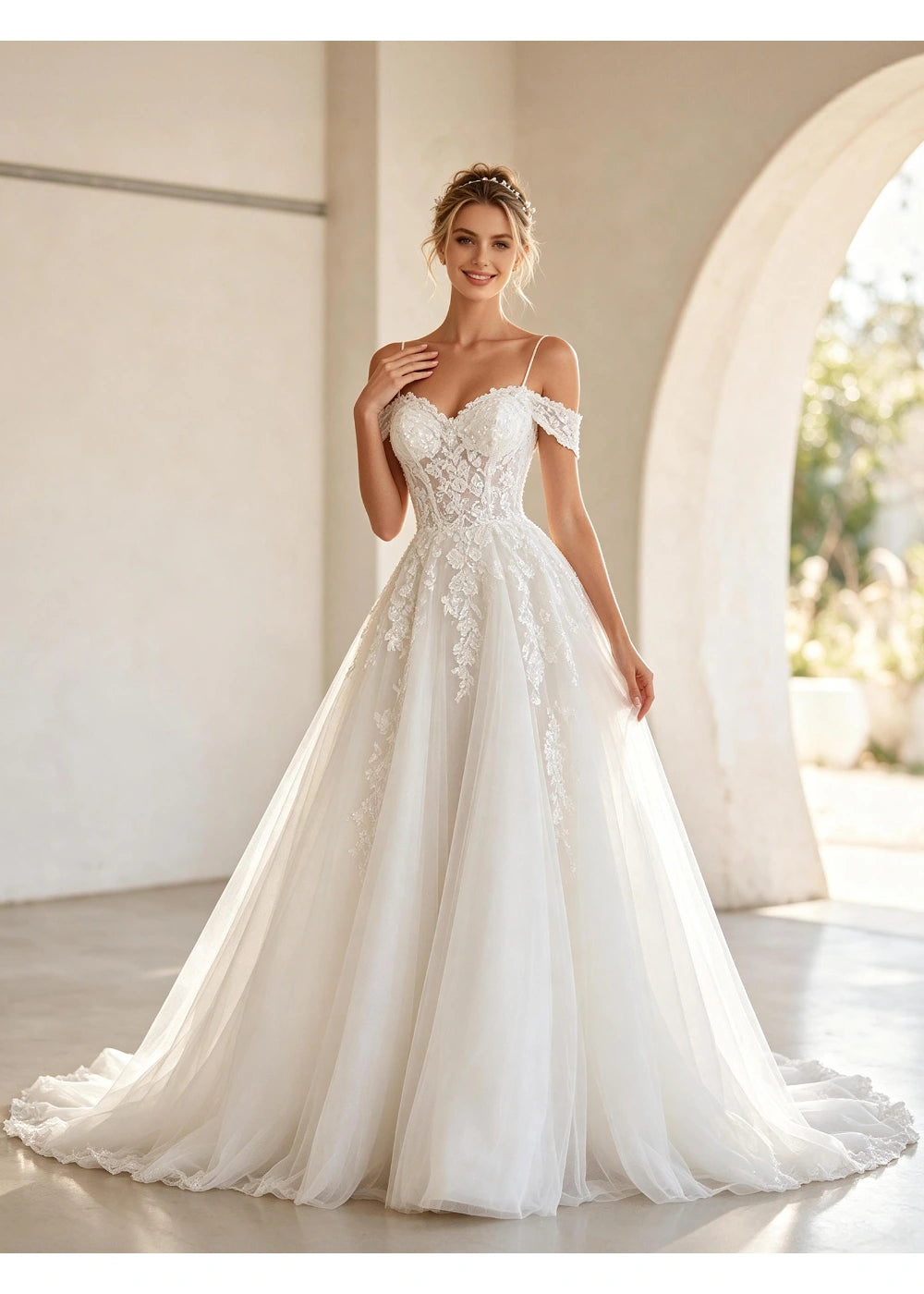 Full-length front view of the white floral bodice and lace on the upper skirt