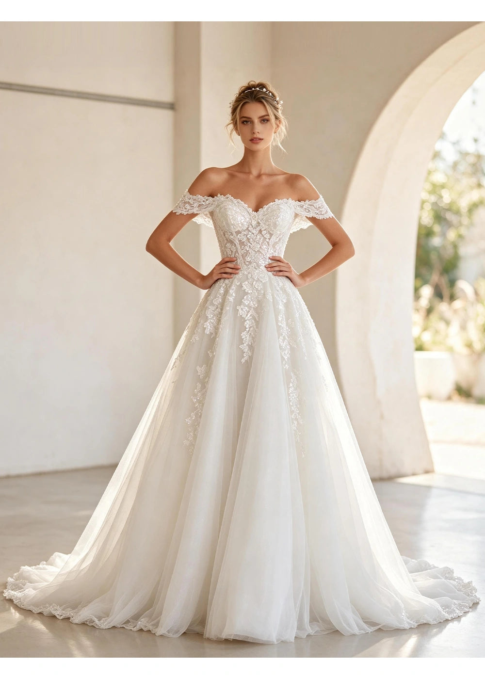 Front view of a white off-shoulder lace gown with a sweetheart bodice and full tulle-style skirt