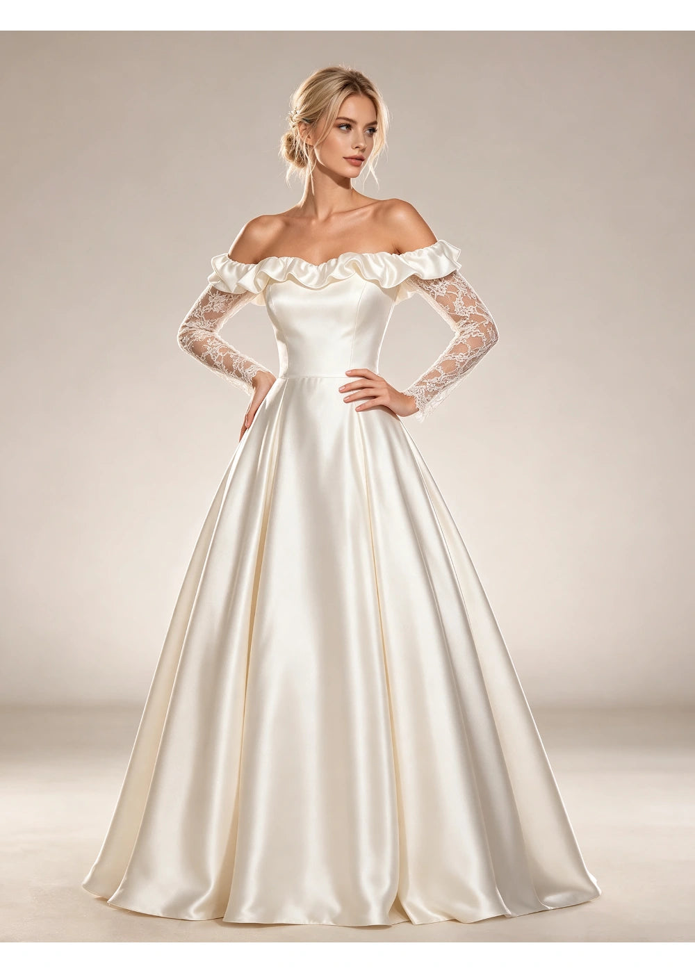 Front view of the white off-shoulder gown with a defined waist and floor-length satin skirt