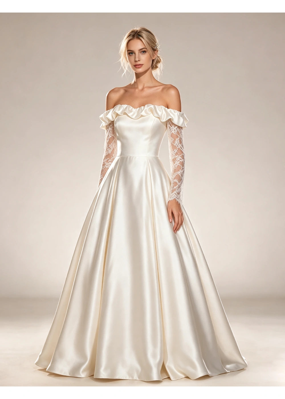 Front view of a white satin A-line gown with a ruffled off-shoulder neckline and long lace sleeves