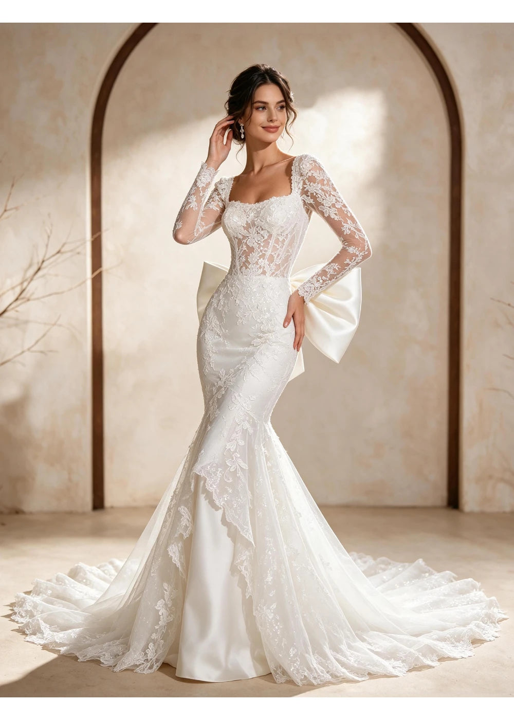 Front view of a white square-neck lace mermaid gown with long sleeves and a large back bow visible at the sides
