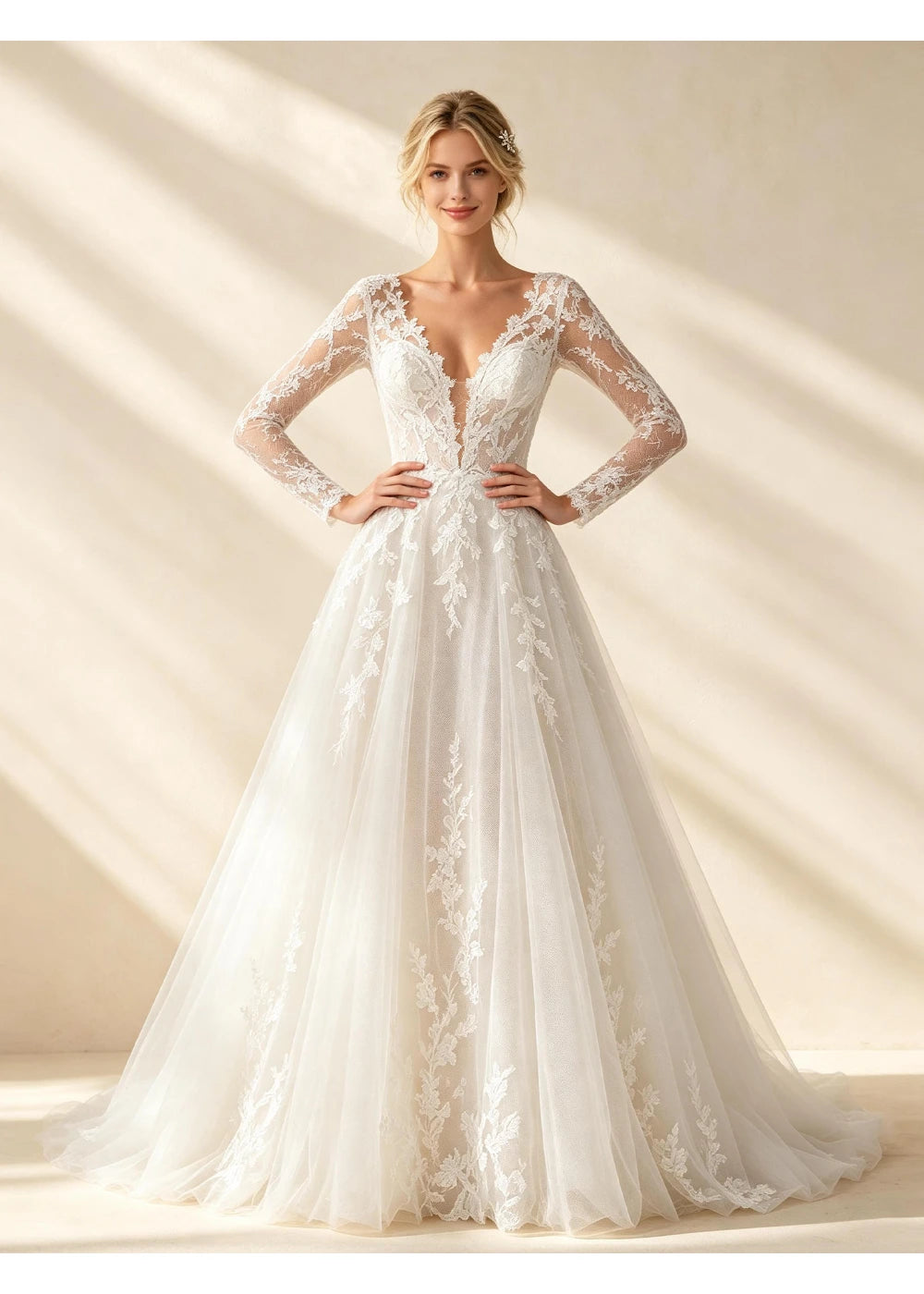 Three-quarter front view of the deep V bodice and long white lace sleeves