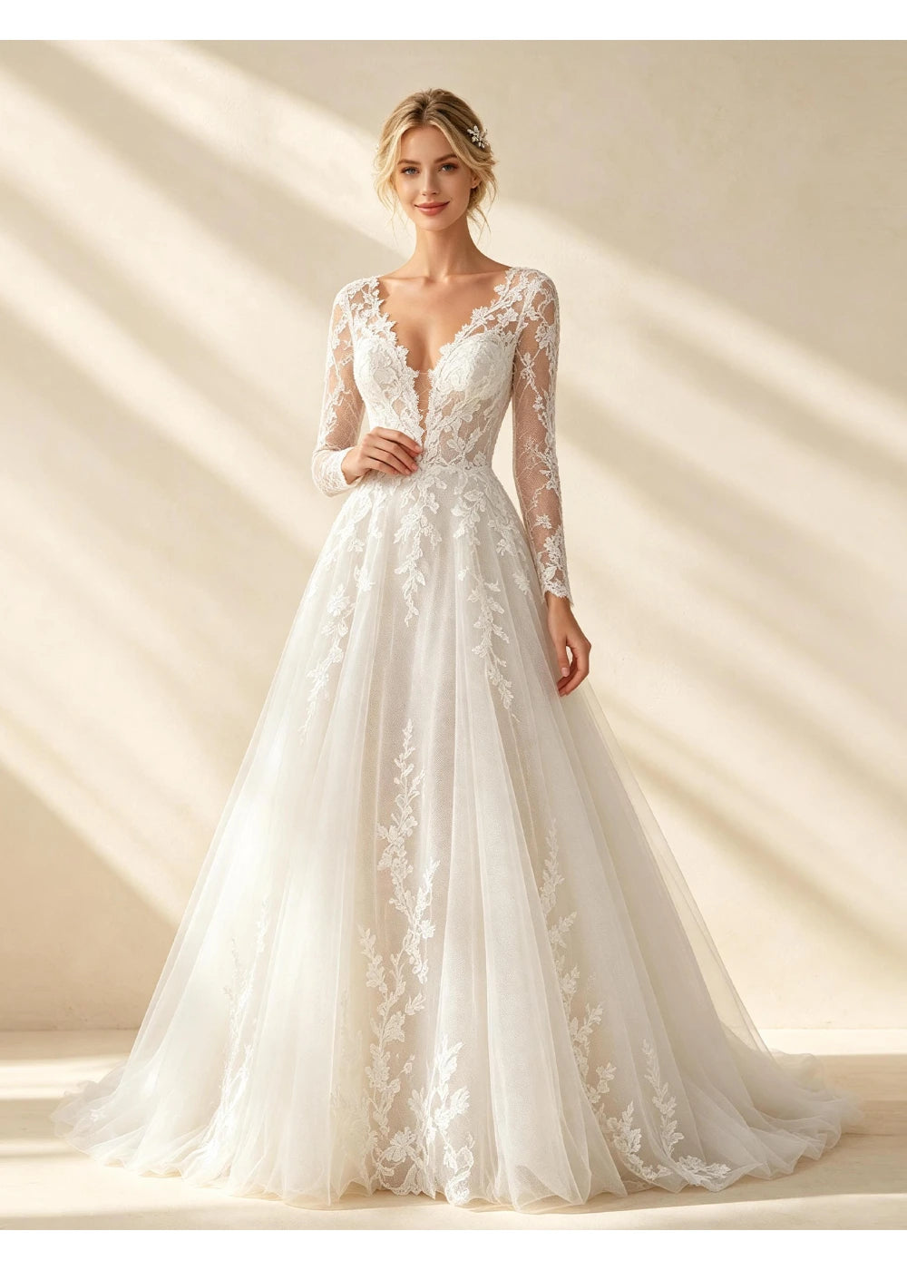 Full-length front view of the white A-line skirt and continuous floral lace