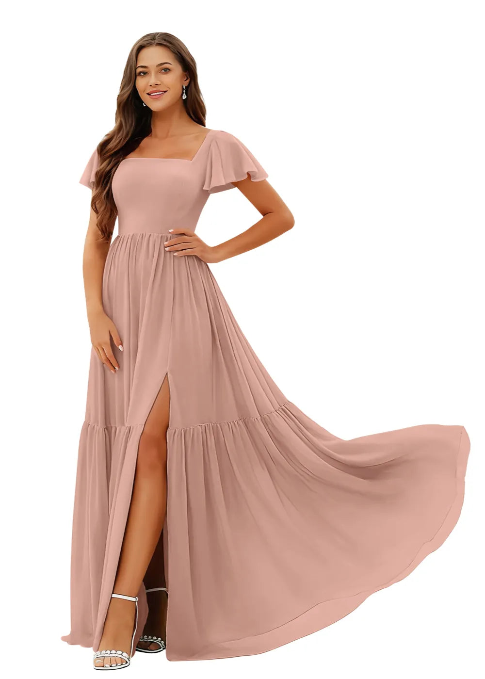 Square Neck Flowy Chiffon Bridesmaid Dress