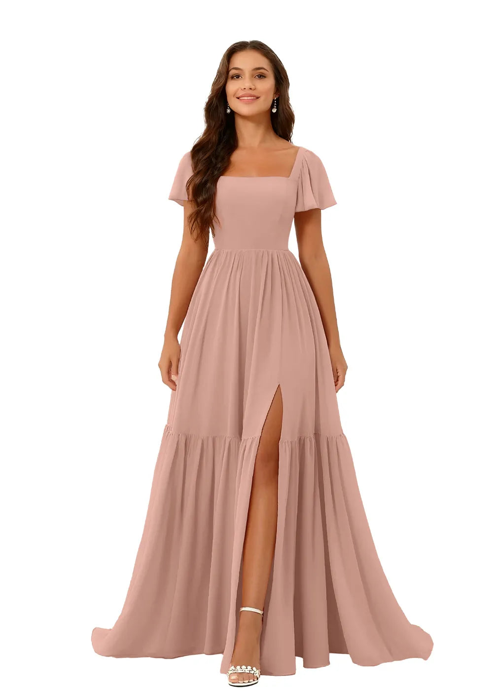 Square Neck Flowy Chiffon Bridesmaid Dress