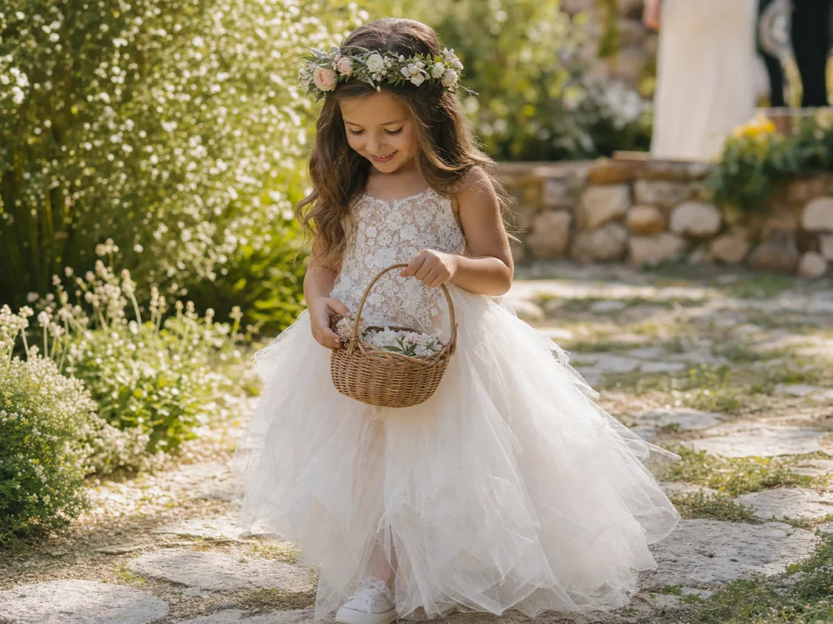 Flower girl in a boho lace-and-tulle dress with a floral crown at an outdoor garden wedding