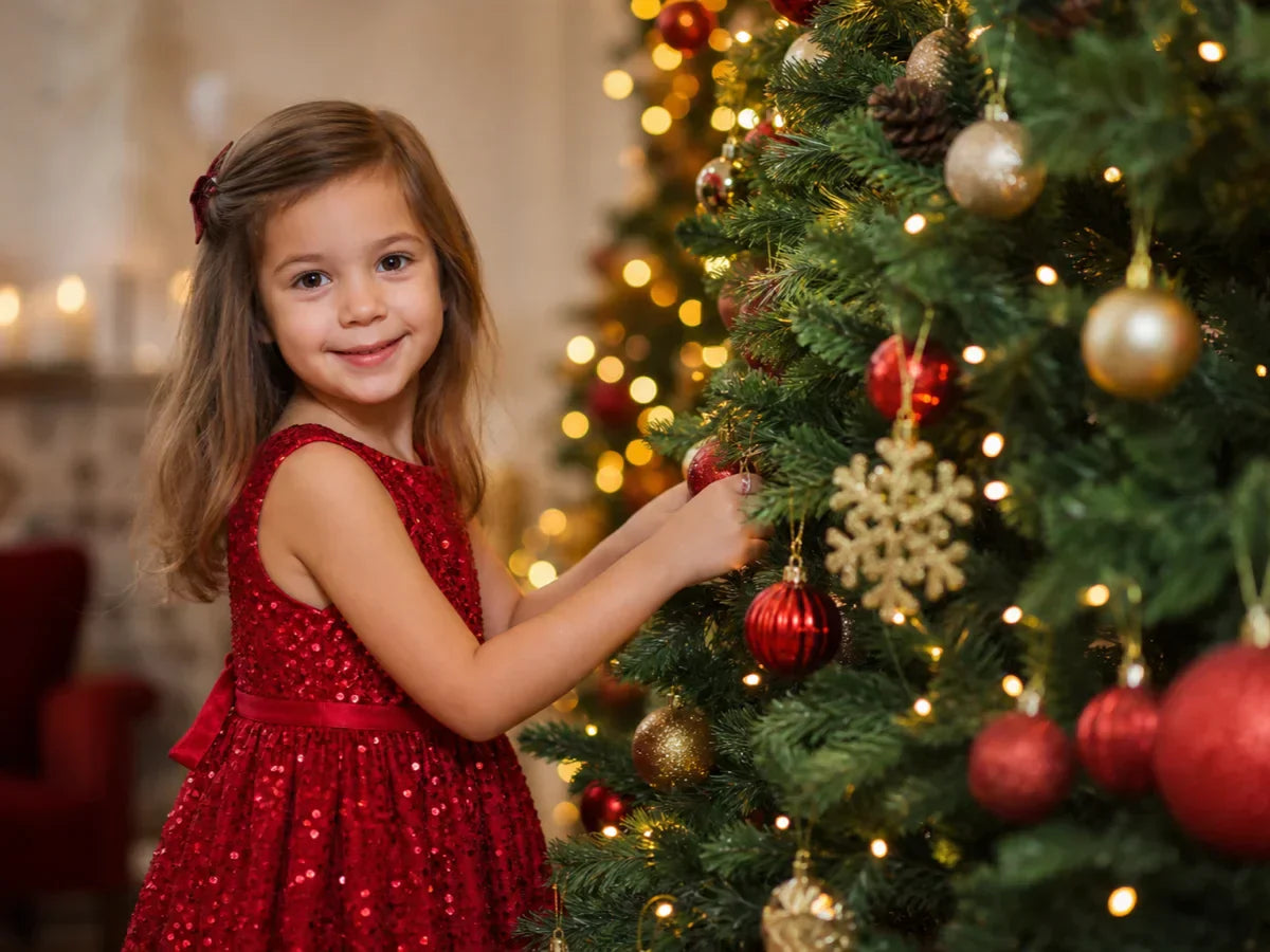 Girl in a lined red sequin Christmas dress by a decorated tree under warm holiday lights