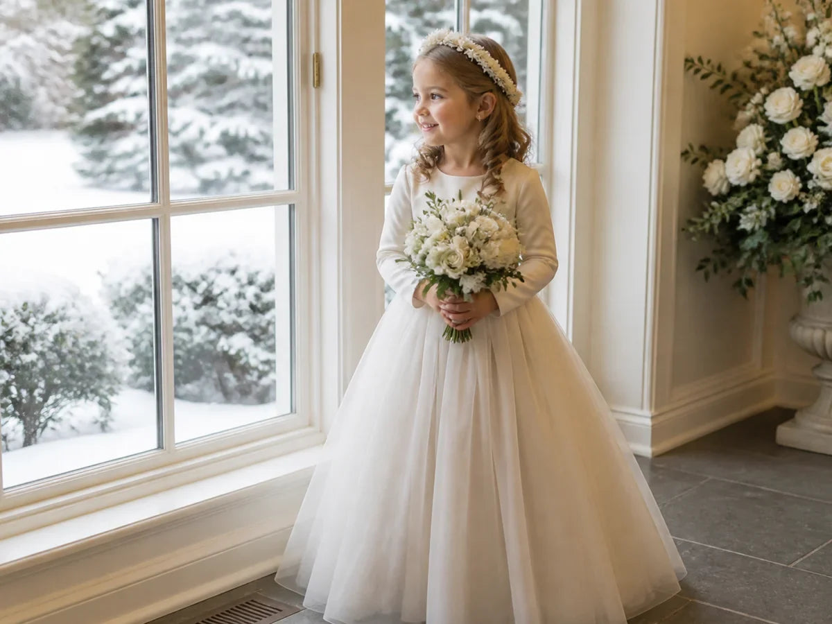 Flower girl in an ivory formal dress for a winter wedding