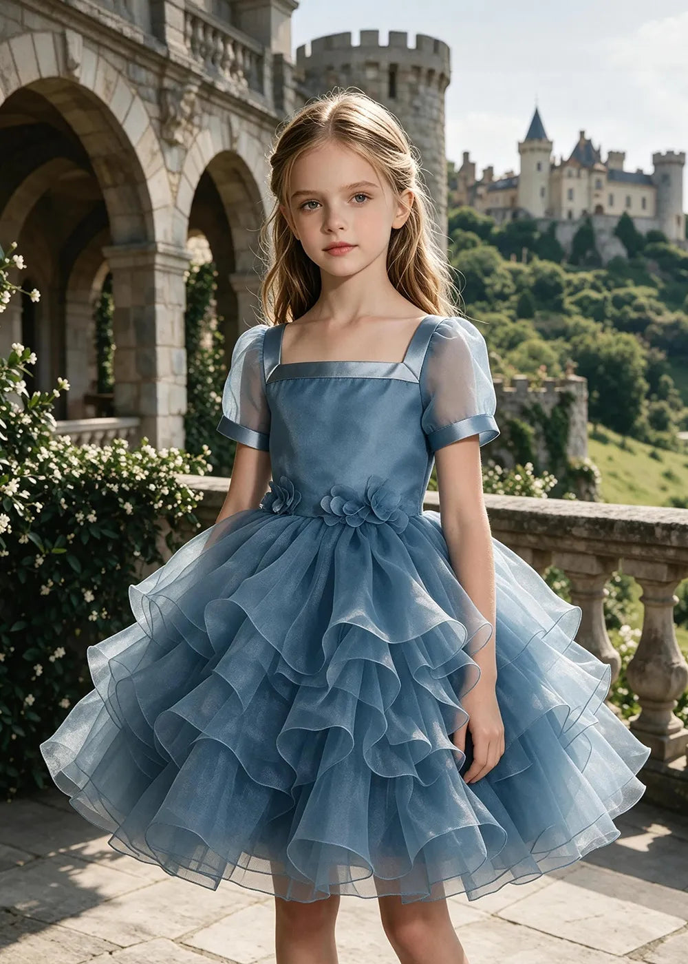 3D Floral Ruffle Tulle Party Dress for Girls