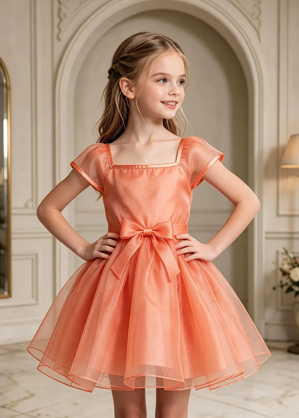 Square Neck Bow Waist Satin Party Dress for Girls