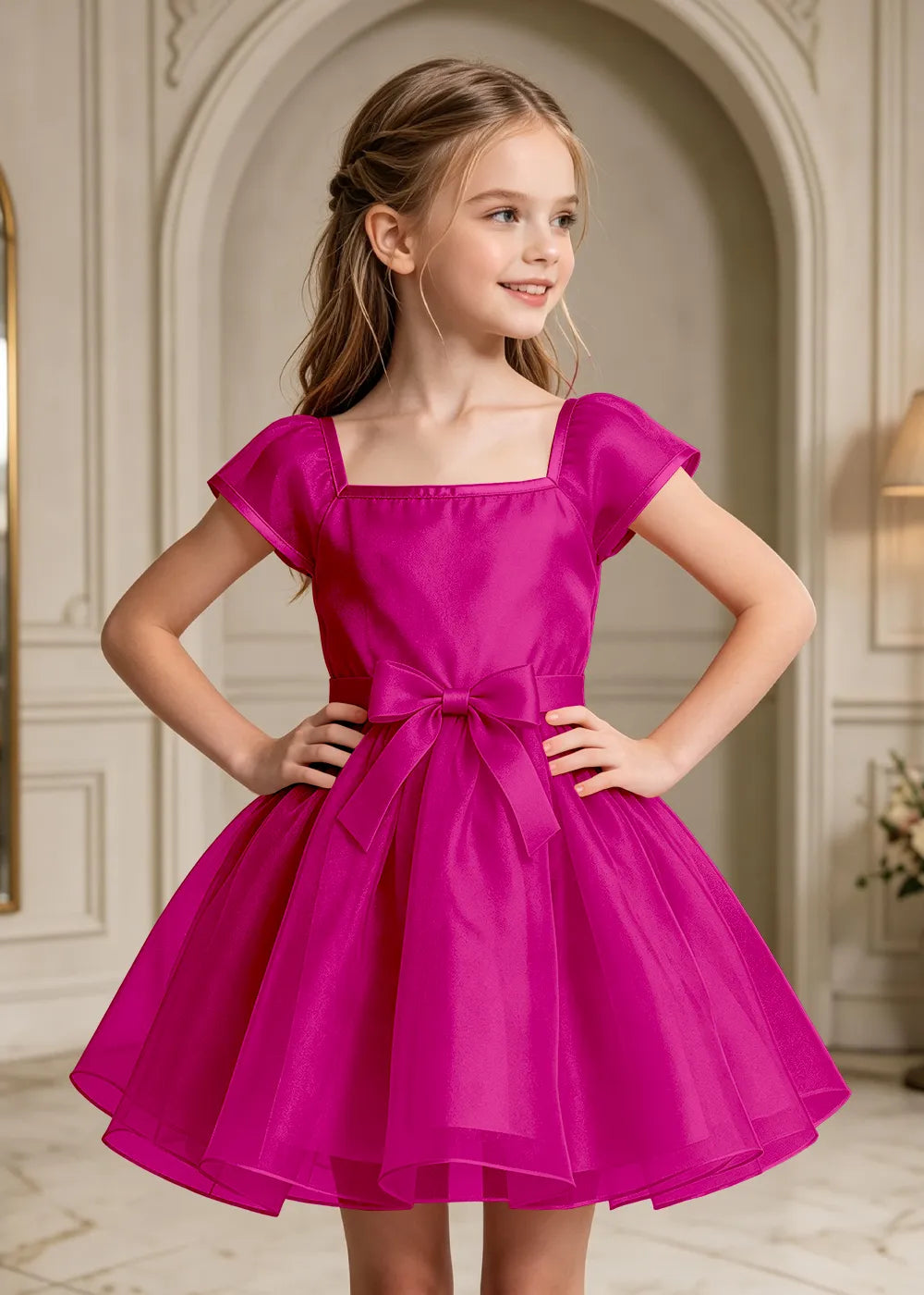 Square Neck Bow Waist Satin Party Dress for Girls