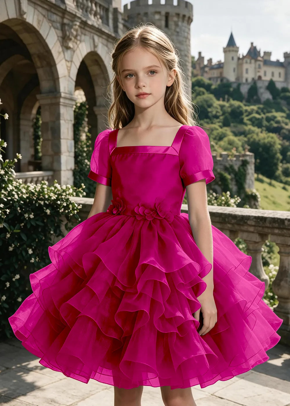 3D Floral Ruffle Tulle Party Dress for Girls