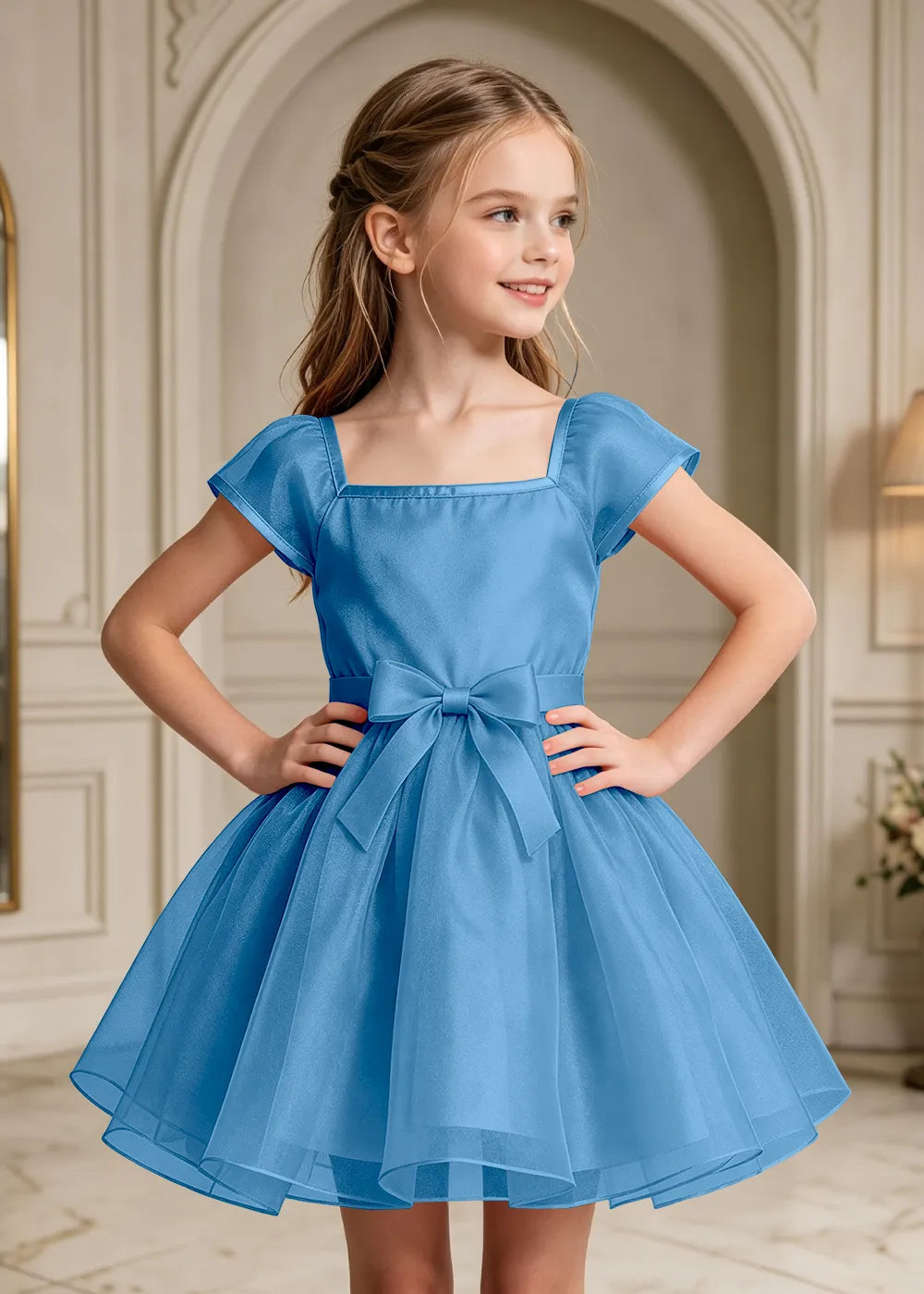 Square Neck Bow Waist Satin Party Dress for Girls