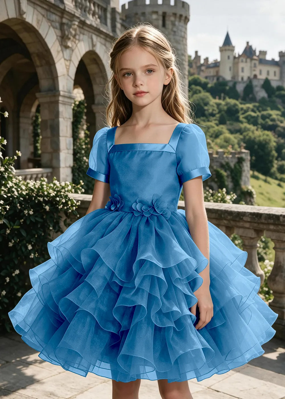 3D Floral Ruffle Tulle Party Dress for Girls