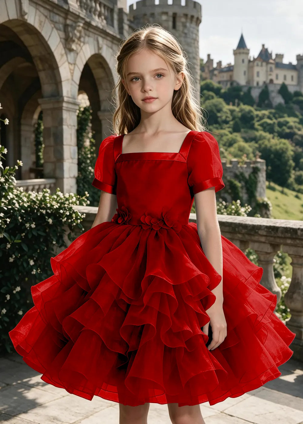 3D Floral Ruffle Tulle Party Dress for Girls