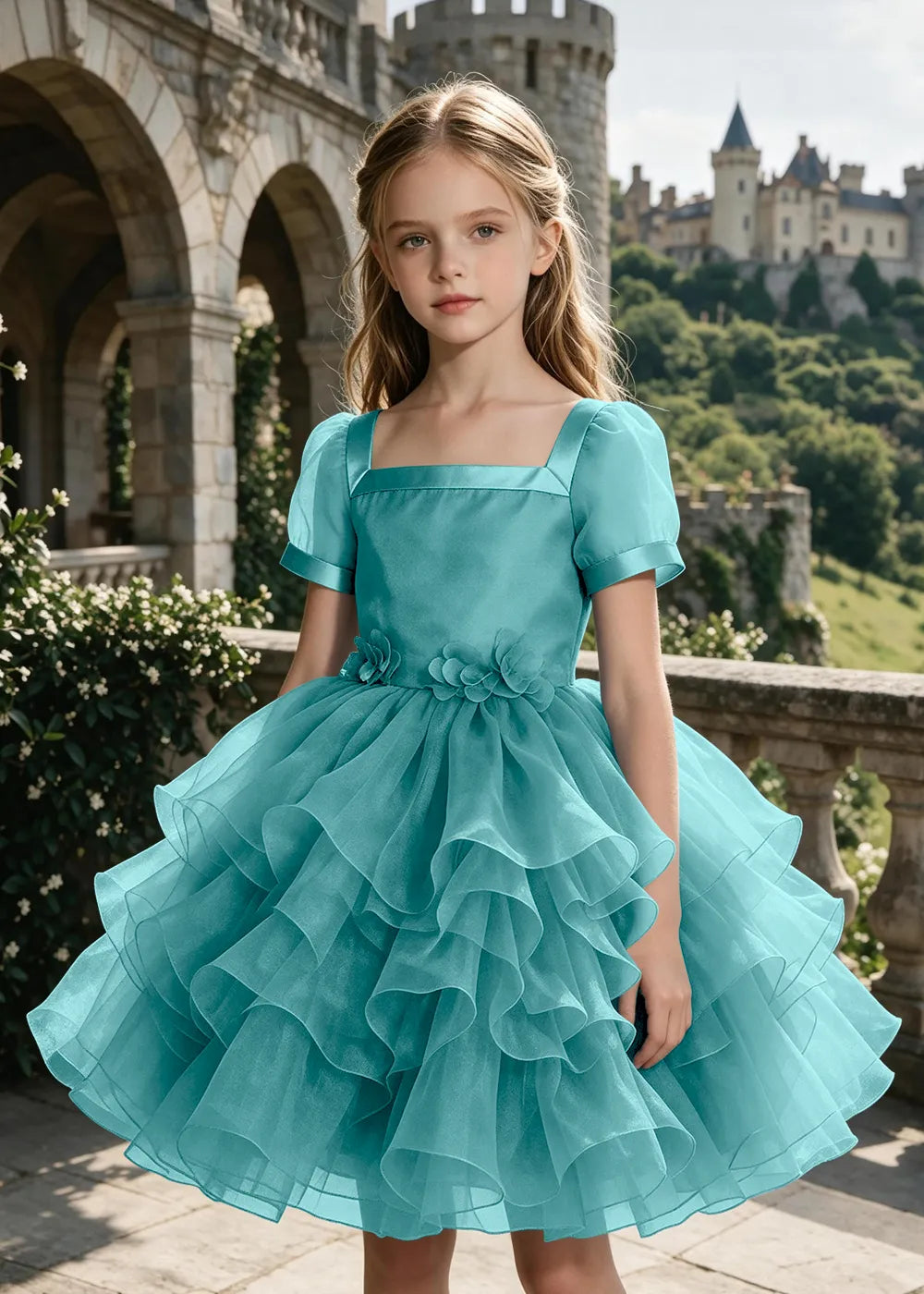 3D Floral Ruffle Tulle Party Dress for Girls