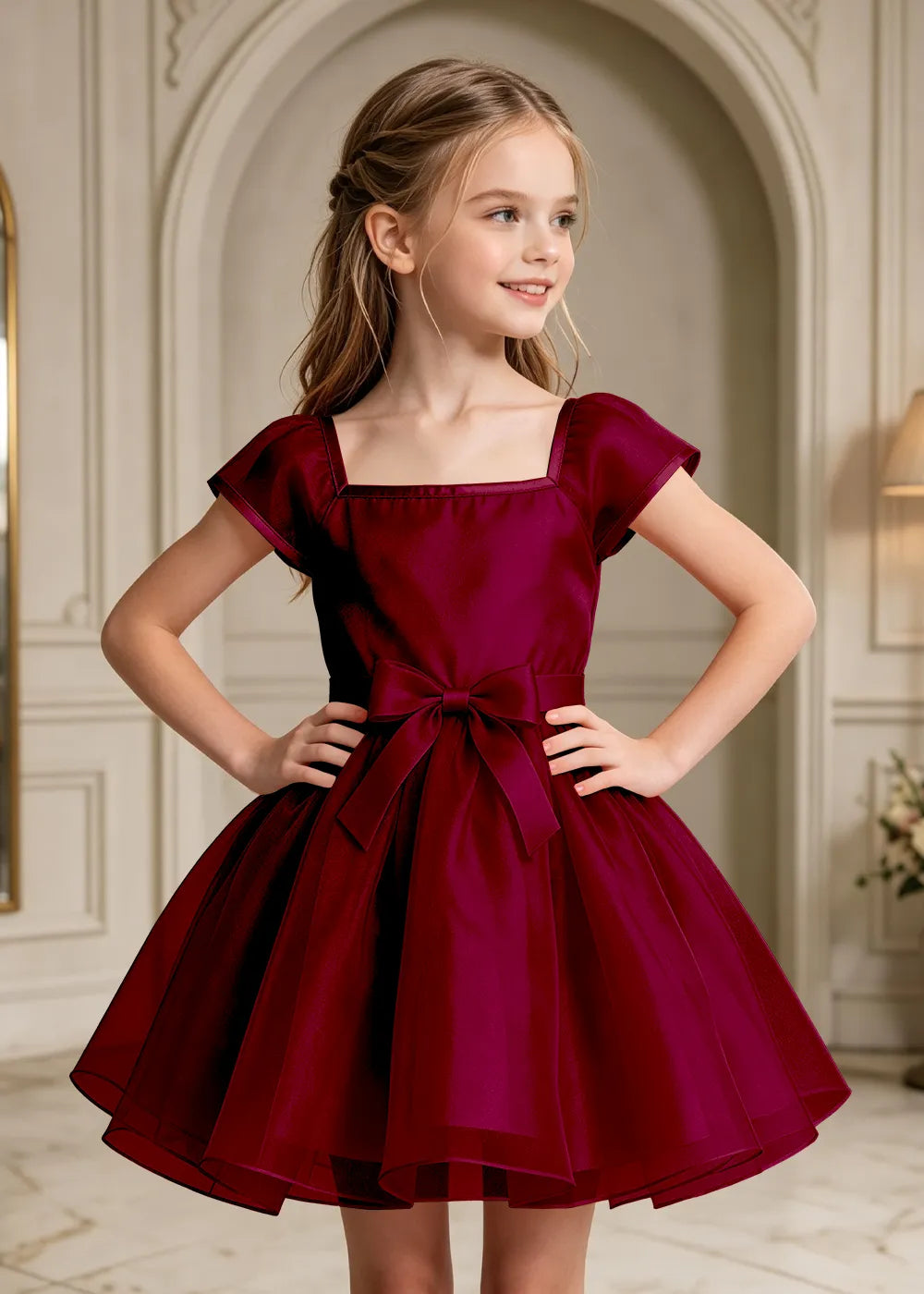 Square Neck Bow Waist Satin Party Dress for Girls