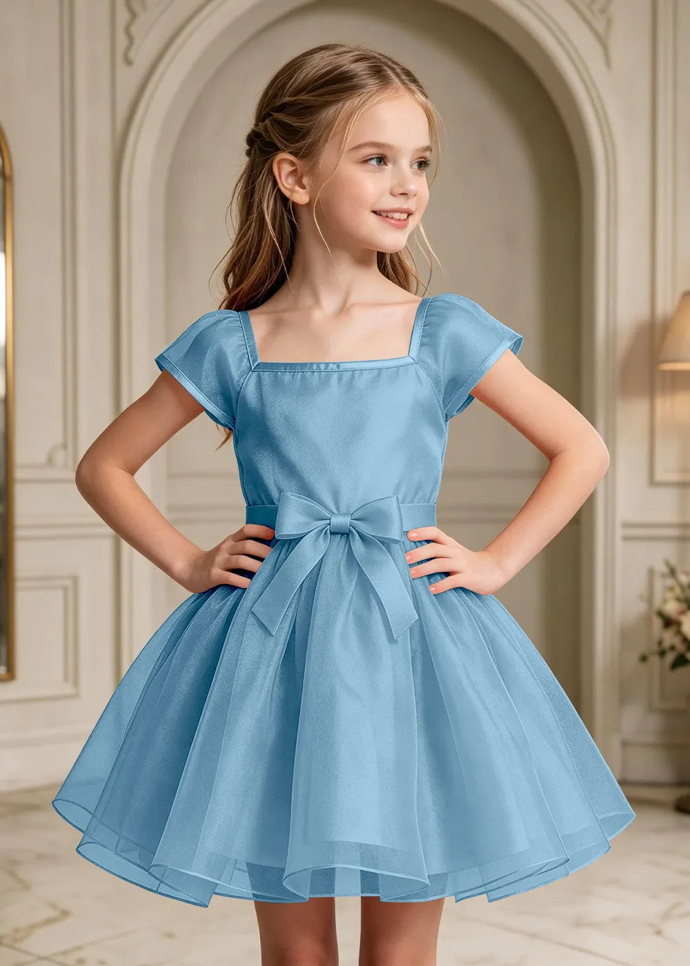 Square Neck Bow Waist Satin Party Dress for Girls