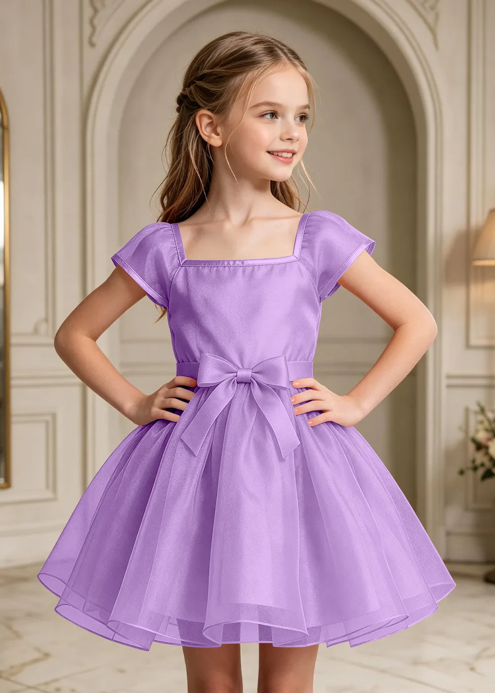 Square Neck Bow Waist Satin Party Dress for Girls