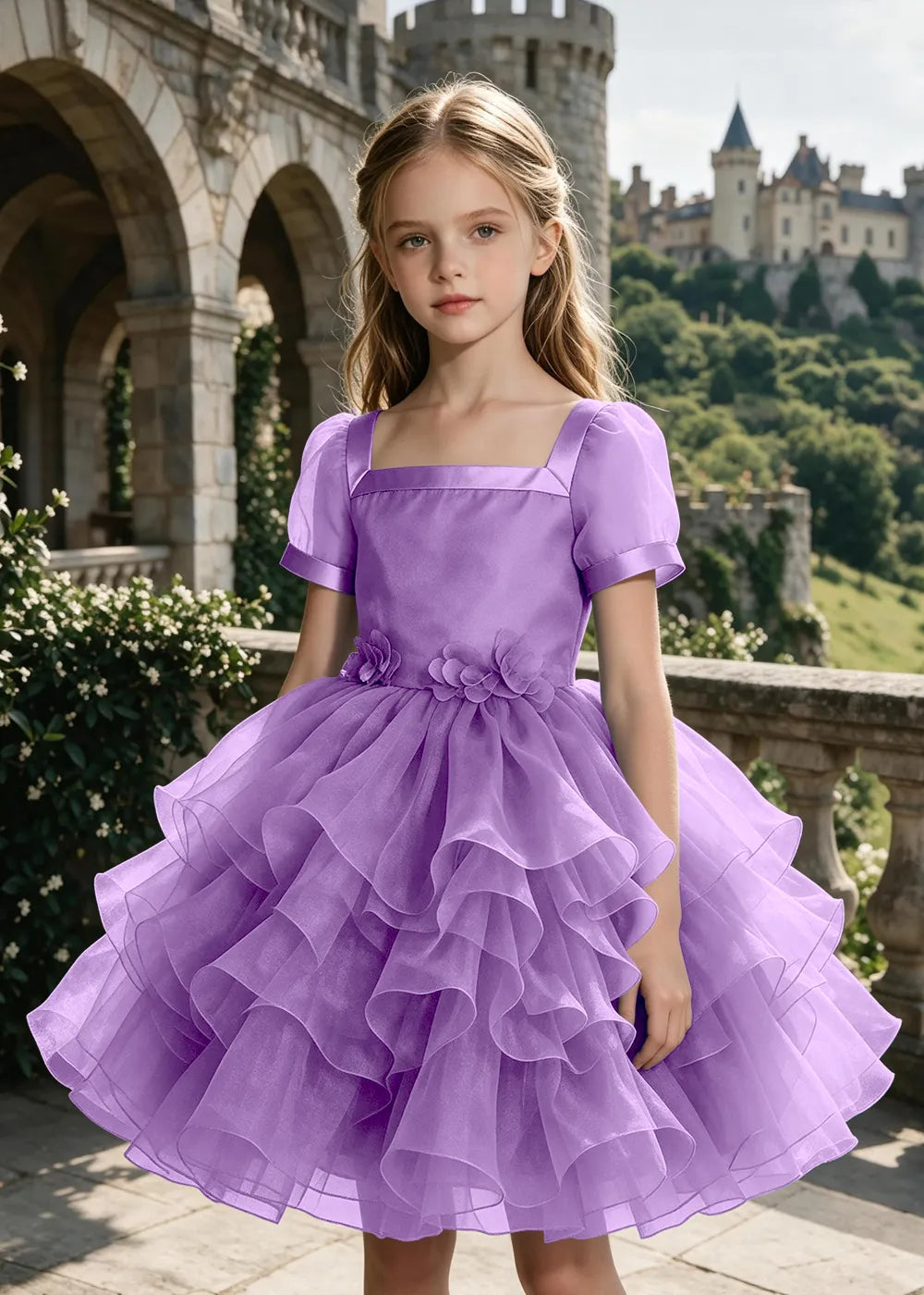 3D Floral Ruffle Tulle Party Dress for Girls