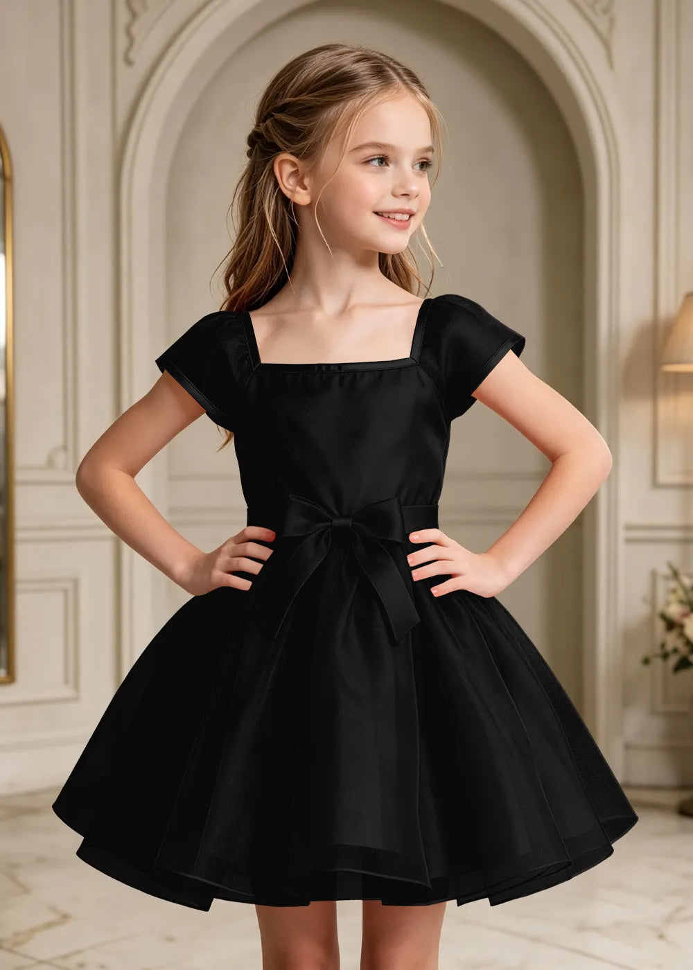Square Neck Bow Waist Satin Party Dress for Girls