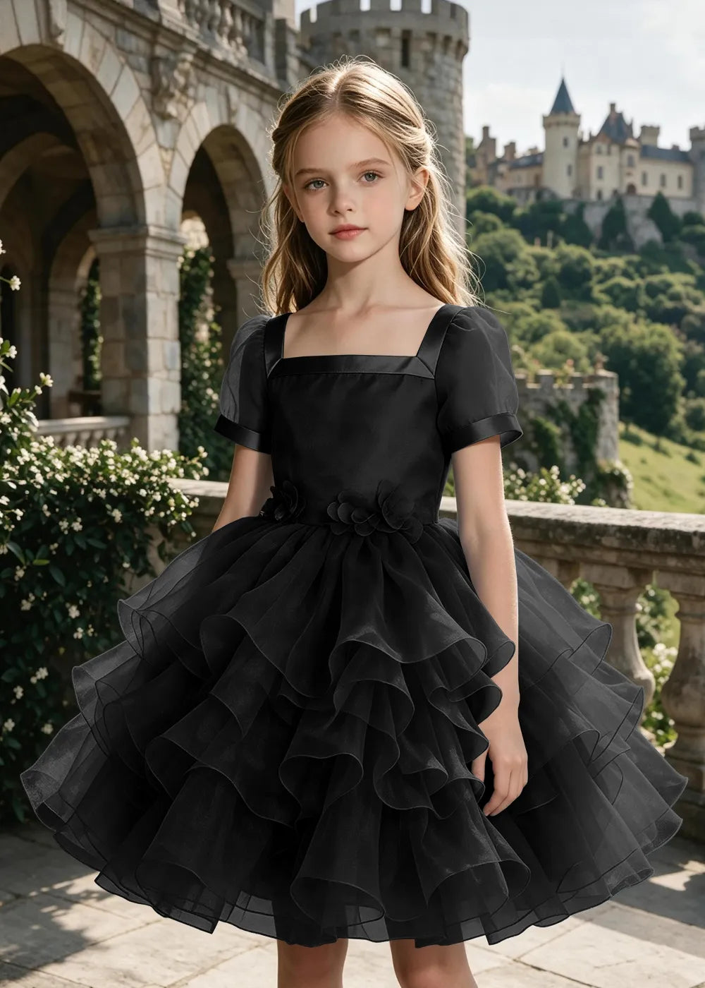 3D Floral Ruffle Tulle Party Dress for Girls